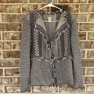 Chico's Lucy Navy and Cream Patterned Fringe Open Cardigan